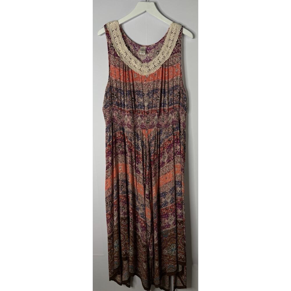 Bila Sleeveless Maxi Dress Women XXL Multicolor Boho‎ Crochet Lace Smocked Rayon